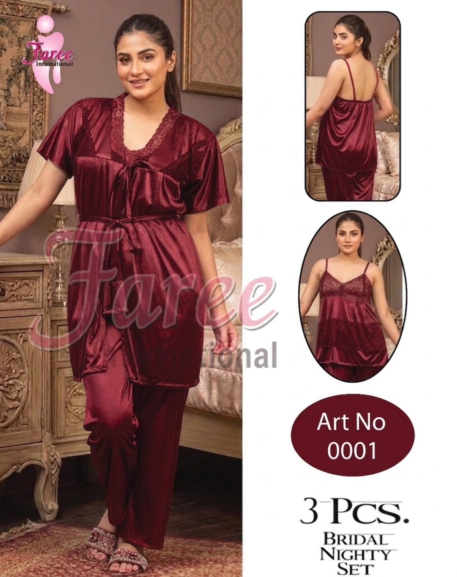 IMG_5313.png Faree Satin 3-Piece Bridal Nighty & Pajama Set - Image 1